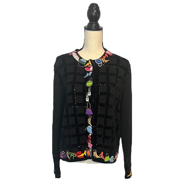 Just B Heavily Beaded Cardigan Sweater L Black Appliqué Purses Shoes Fashion - Picture 2 of 6